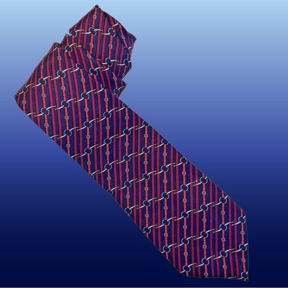 HERMES PARIS TIE 100% SILK NAVY BLUE/RED STRIPES & BUCKLES LUXURY DESIGNER TIE